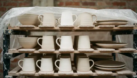 White and beige ceramic mugs and bowls drying on a wooden rack against a textured brick wall background