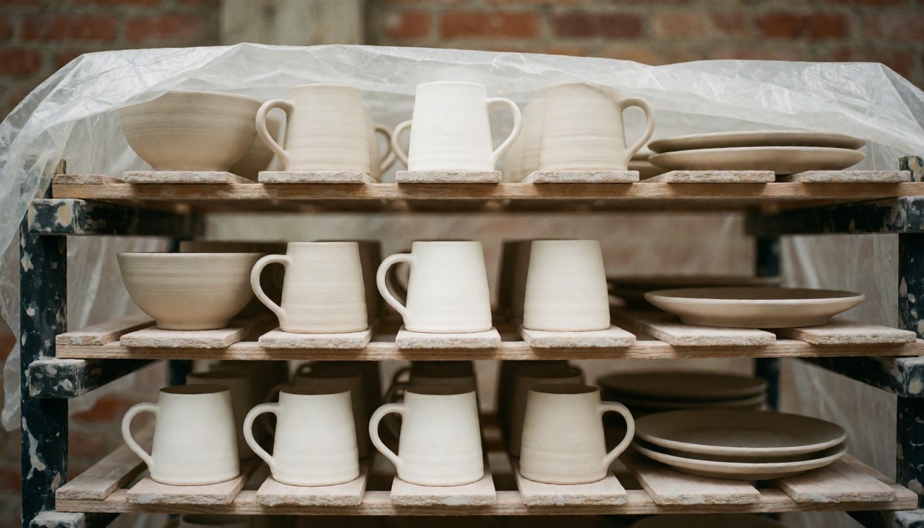 White and beige ceramic mugs and bowls drying on a wooden rack against a textured brick wall background