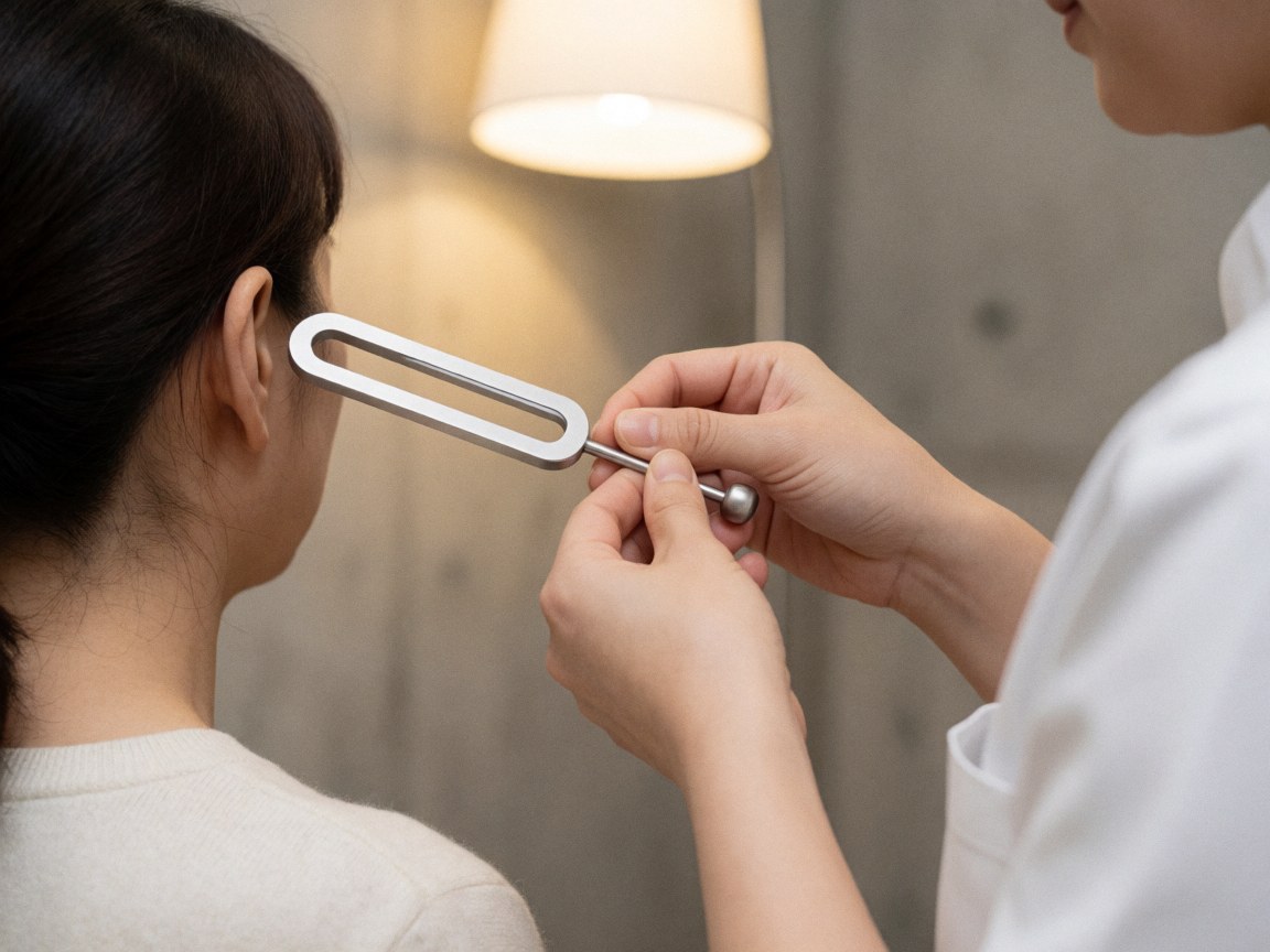Hands of a practitioner using a sound fork near a client's ear. Concrete wall, warm light, metallic texture, and white uniform.