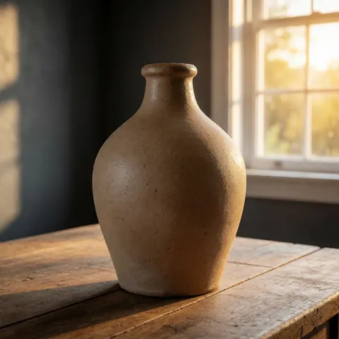 A rustic unglazed ceramic oil jug sits on a wooden surface near a window, showcasing natural clay texture and artisanal craftsmanship in a bright interior setting.