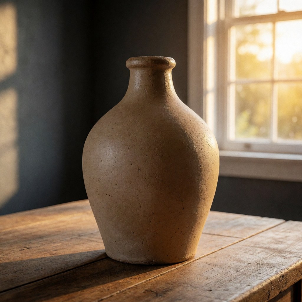 A rustic unglazed ceramic oil jug sits on a wooden surface near a window, showcasing natural clay texture and artisanal craftsmanship in a bright interior setting.