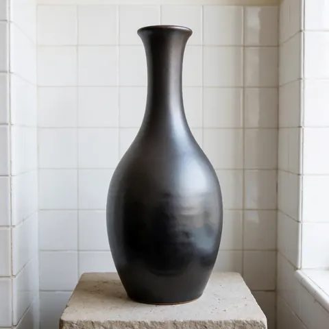 Tall matte dark ceramic vase with wide base on stone pedestal against white tile wall with natural light