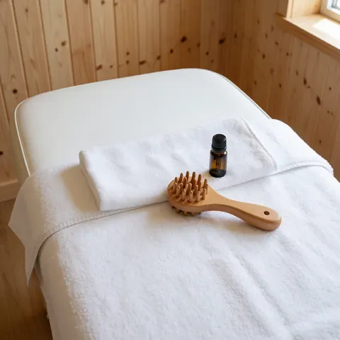 Clean reflexology treatment table with white towel, wooden brush, and essential oil bottle against light wood walls