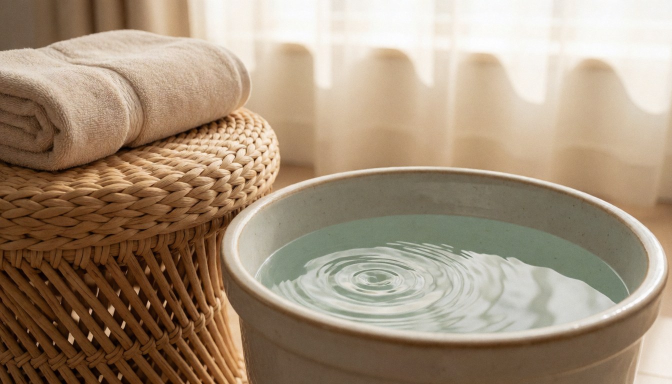 A serene foot bath setup featuring a ceramic bowl filled with water, a soft beige towel, and a rattan chair, ideal for reflexology and spa relaxation backgrounds.