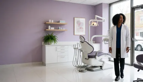 Bright dental office featuring lavender walls, a dental chair, a professional in a white coat, a plant, and a shelf, creating a clean and professional atmosphere.