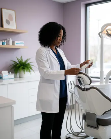A dental professional in a white coat prepares the clinical area, adjusting equipment and instruments near a patient chair in a modern, clean clinic with natural light.