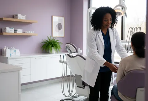 A dentist in a white coat attends to a seated patient in a clean, well-lit dental clinic with purple walls and green plants.