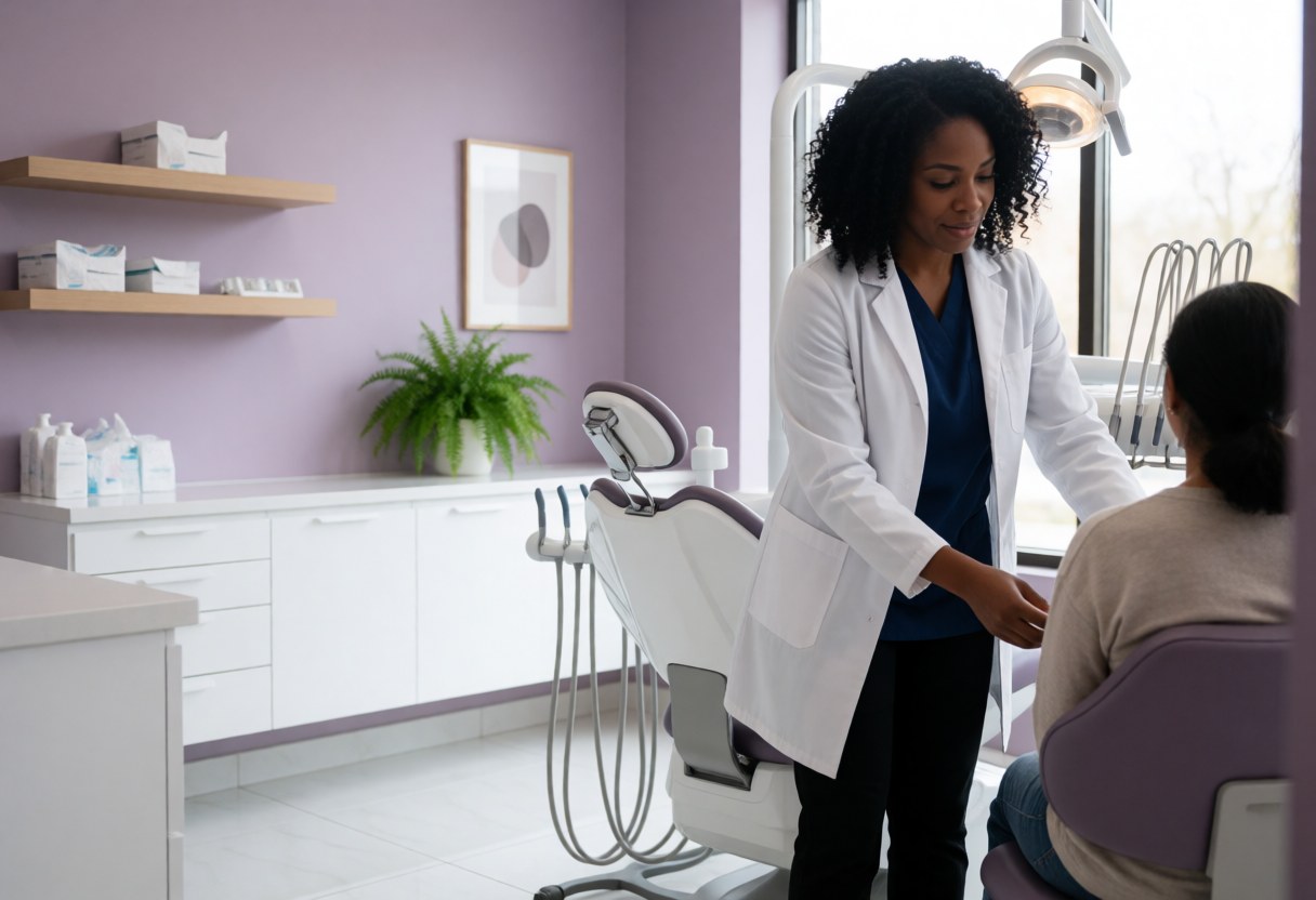 A dentist in a white coat attends to a seated patient in a clean, well-lit dental clinic with purple walls and green plants.