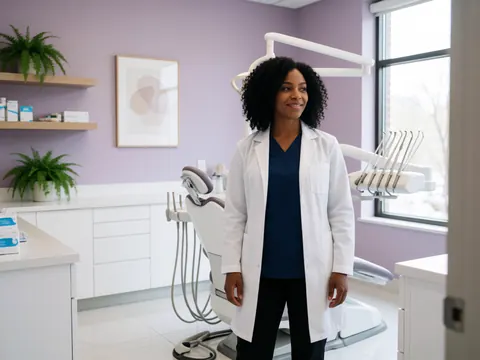 Close-up view of a modern dental clinic featuring a dental chair, instruments, and purple walls in a clean environment.