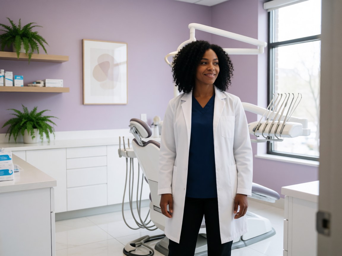 Close-up view of a modern dental clinic featuring a dental chair, instruments, and purple walls in a clean environment.