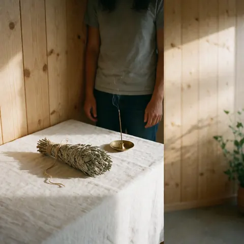 Tied white sage bundle on a white cloth next to burning incense on a bronze holder against a wooden wall with sunset light
