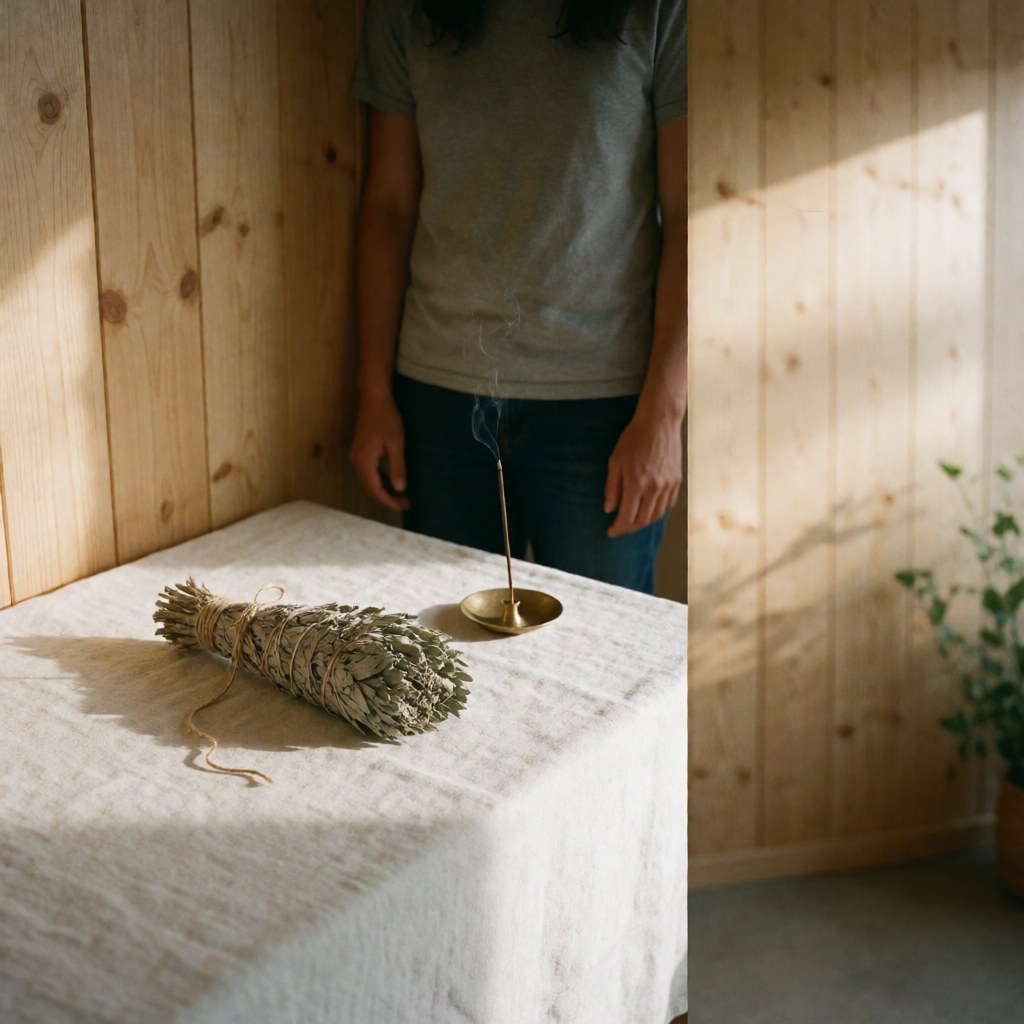 Tied white sage bundle on a white cloth next to burning incense on a bronze holder against a wooden wall with sunset light