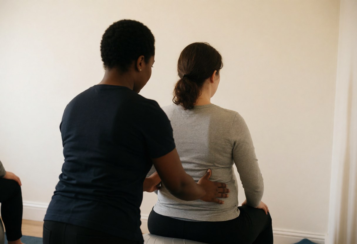 A pregnant woman sits on a birthing ball and performs a gentle pelvic stretch while a therapist supports her back during a prenatal massage session