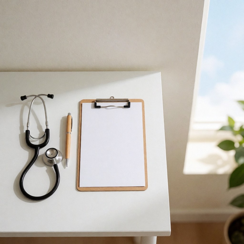 White desk featuring a stethoscope, pen, and clipboard near a window with natural light, suitable for a clinic or medical office setting
