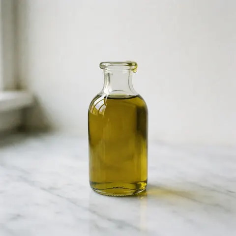 A clear glass bottle of pure olive oil placed on a white marble surface with natural light reflecting off the glass.
