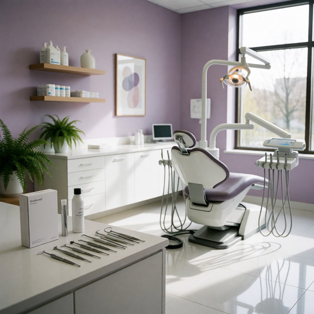 Sterile dental instruments arranged on a white table in a modern dental clinic with purple walls, a dental chair, window, and plant.