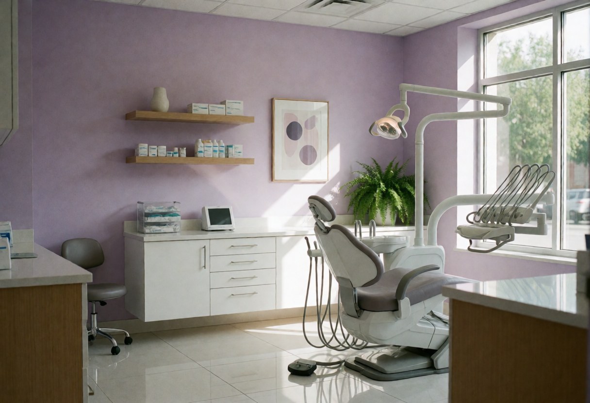 A bright and tidy dental clinic waiting area featuring a comfortable chair, natural light from a window, and lavender decor on the walls and cabinets.