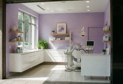 Clean modern dental office interior featuring lavender walls, a dental chair, natural light from windows, and wooden shelves with aesthetic products.
