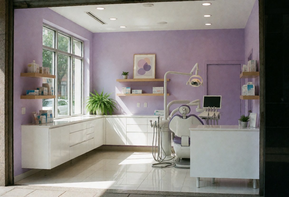 Clean modern dental office interior featuring lavender walls, a dental chair, natural light from windows, and wooden shelves with aesthetic products.