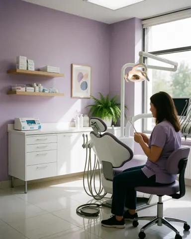 A dental professional stands in a modern clinic with lavender walls, a dental chair, bright lighting, and a plant, creating a clean and professional atmosphere.