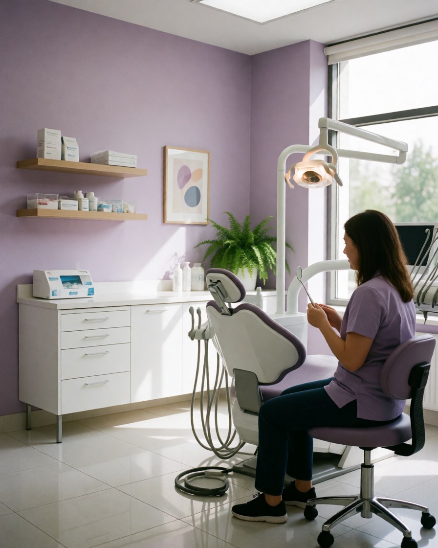 A dental professional stands in a modern clinic with lavender walls, a dental chair, bright lighting, and a plant, creating a clean and professional atmosphere.