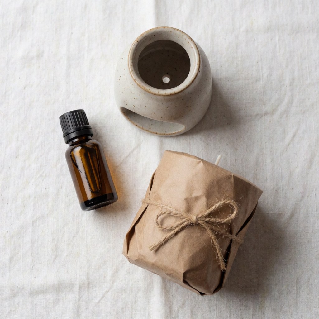 Top view of an aromatherapy welcome kit featuring a ceramic diffuser, soy candle, essential oil, kraft paper, and rope on a white cloth
