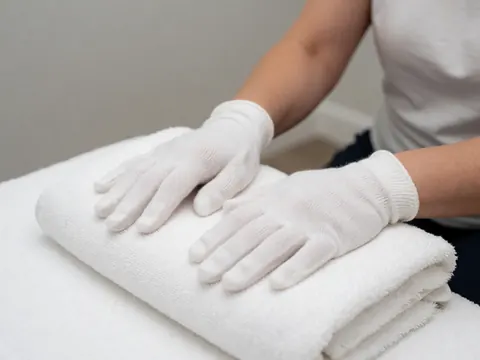 Close-up of hands wearing white gloves resting on a clean white towel, emphasizing hygiene and care in reflexology practice