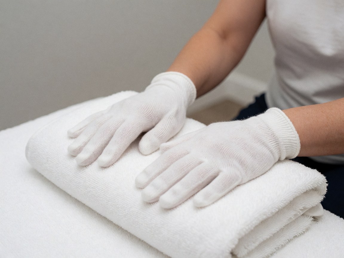 Close-up of hands wearing white gloves resting on a clean white towel, emphasizing hygiene and care in reflexology practice