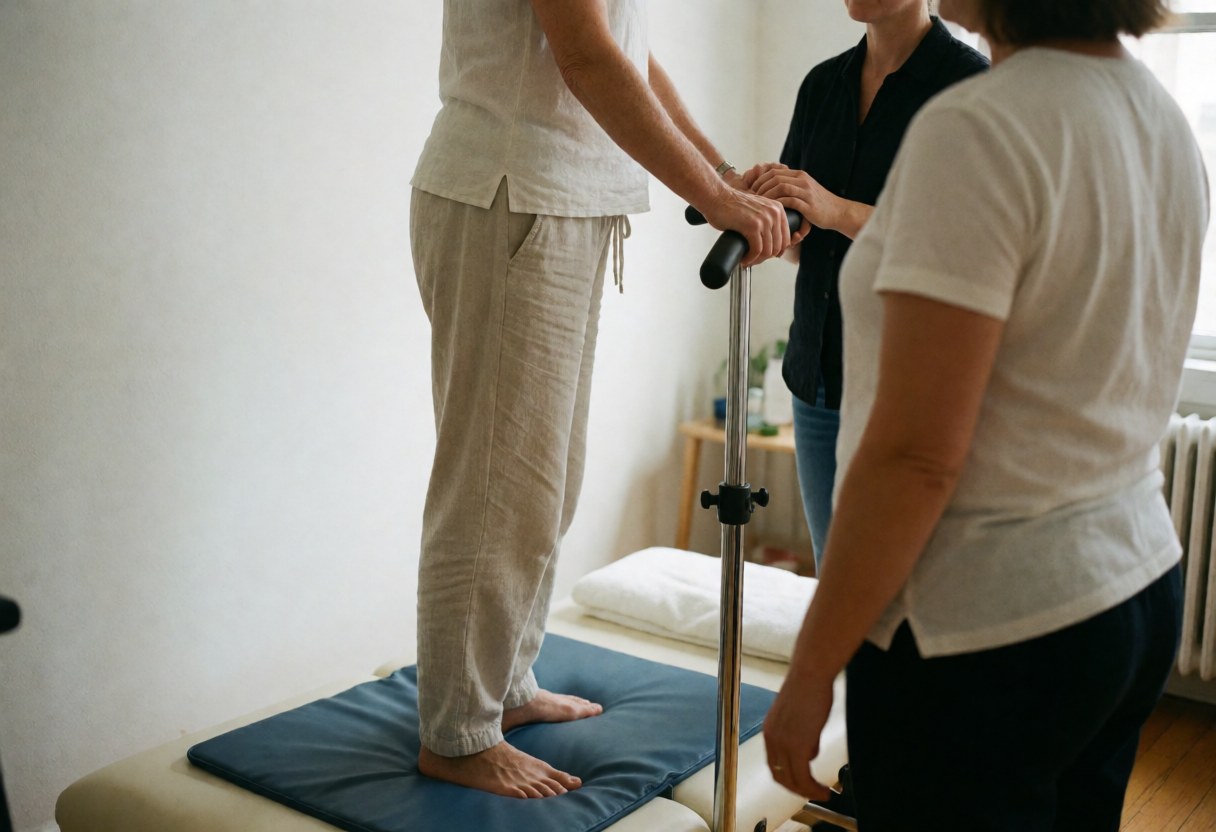 A client lying on a reflexology mat receiving support while a therapist observes the session in a calm professional setting