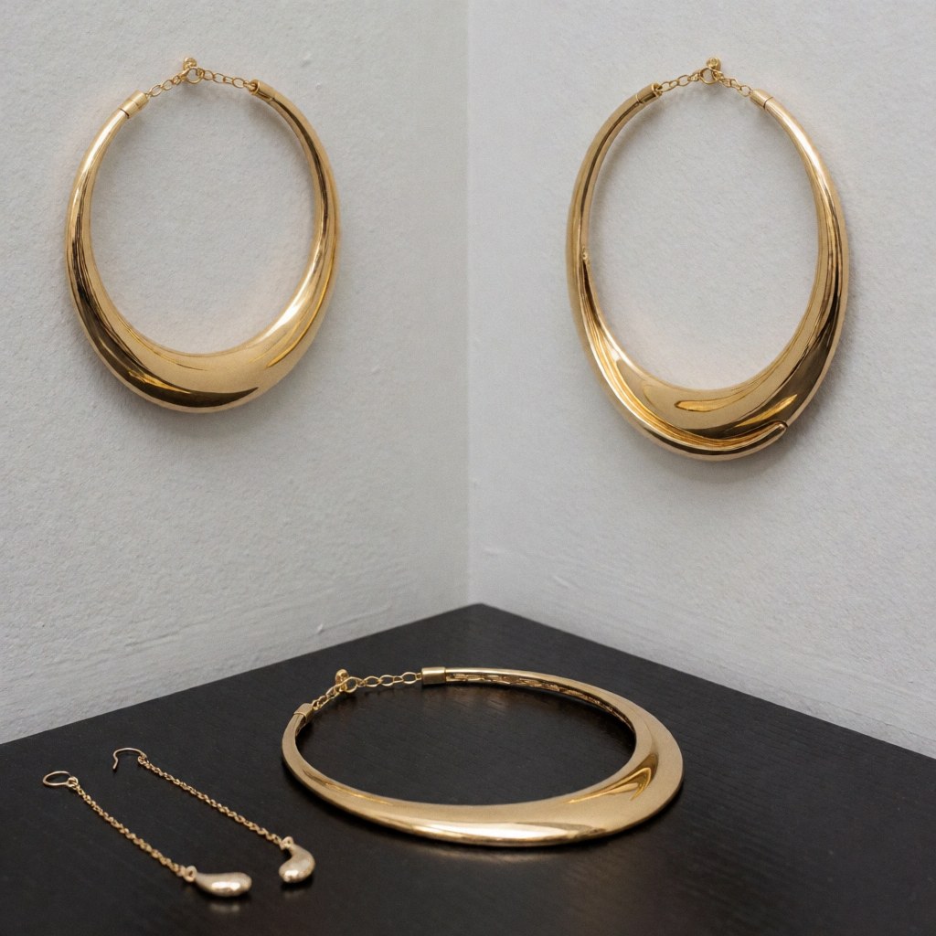 Glossy gold jewelry set featuring a necklace and matching earrings displayed on a black surface against gray walls, showcasing modern elegant design for jewelry stores