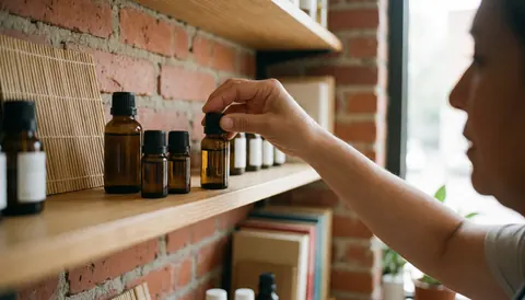 A professional selects an essential oil bottle from a wooden shelf against a brick wall with natural light, showcasing wellness therapy products.