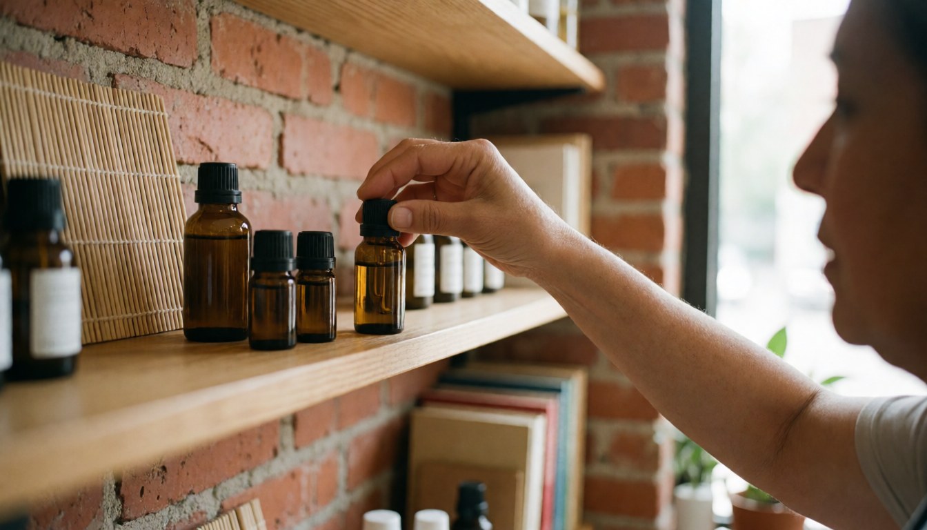 A professional selects an essential oil bottle from a wooden shelf against a brick wall with natural light, showcasing wellness therapy products.