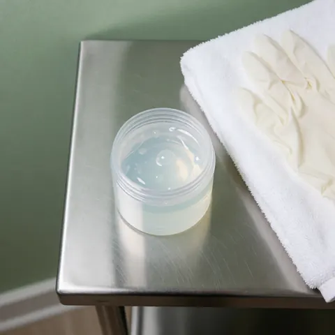 Clear ultrasound gel jar on stainless steel table with white towel and disposable gloves in sterile clinical setting