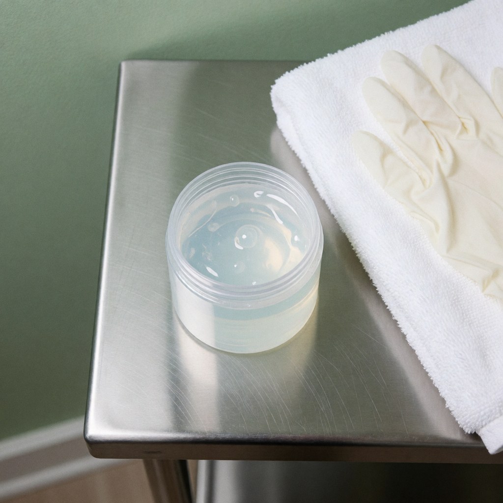 Clear ultrasound gel jar on stainless steel table with white towel and disposable gloves in sterile clinical setting