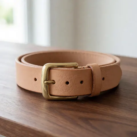Natural leather belt with bronze buckle on wooden surface, lit by window light, ideal for fashion and craft product displays