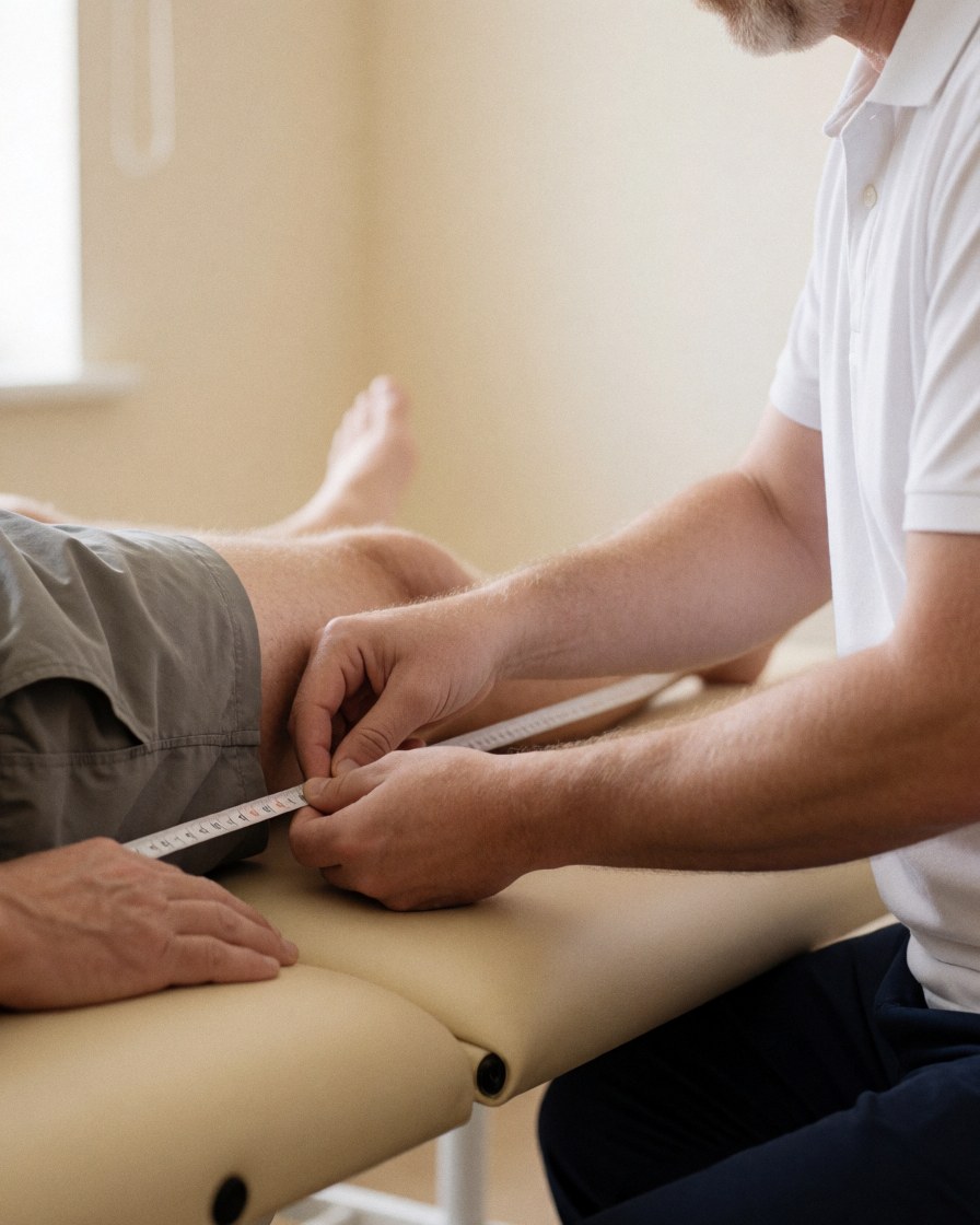 A healthcare professional measures a patient's leg with a tape measure during a physical therapy evaluation at a clinic.