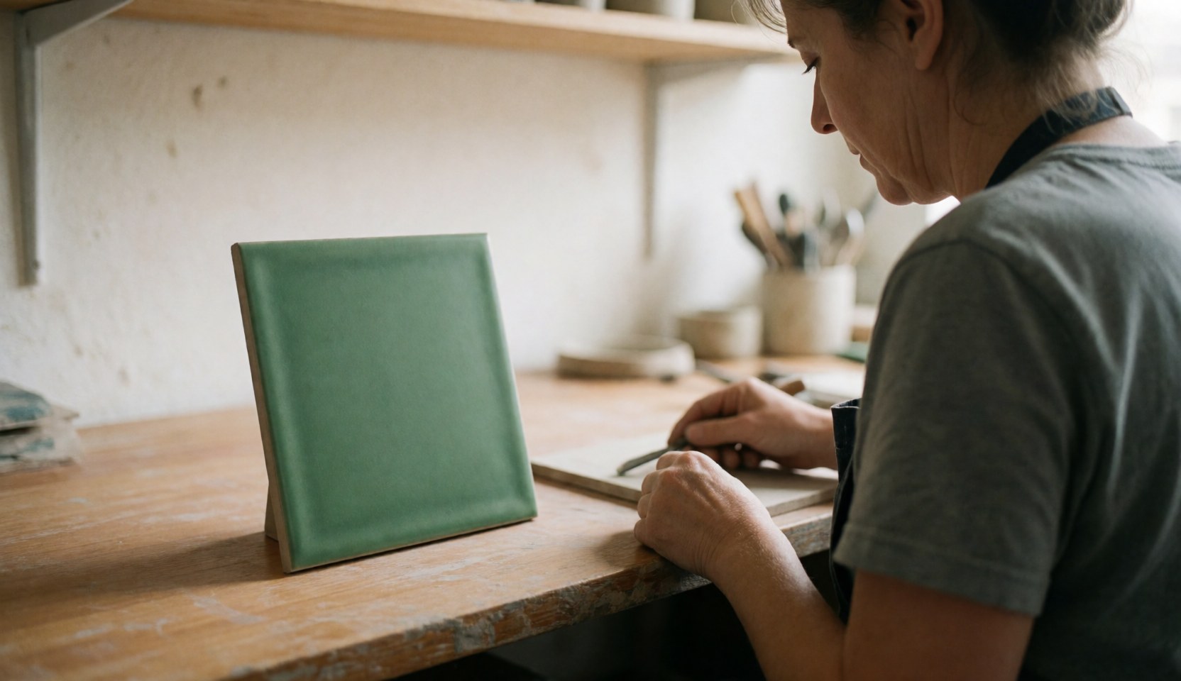 Artisan working on a matte green tile at a wooden table in a pottery studio with natural light and blurred background