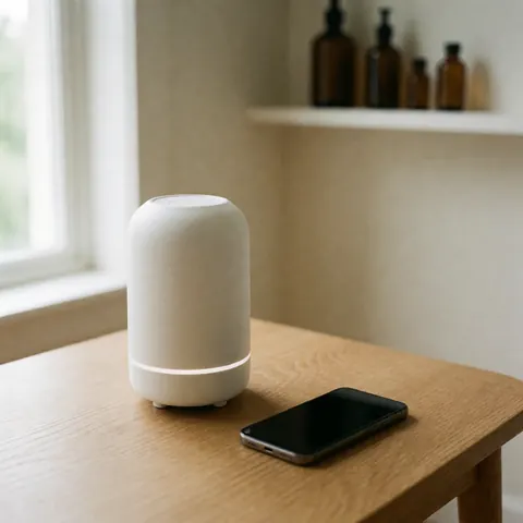 White essential oil diffuser placed on a light wooden table with natural light and glass bottles in the background, creating a calm wellness atmosphere