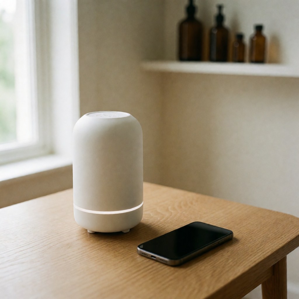 White essential oil diffuser placed on a light wooden table with natural light and glass bottles in the background, creating a calm wellness atmosphere