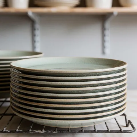 A collection of freshly baked ceramic plates with various textures and finishes, ideal for product photography in the ceramics business.