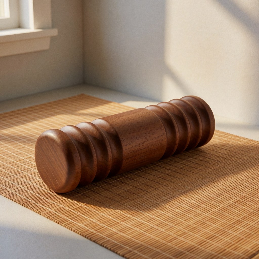Dark wooden massage rollers placed on a light bamboo mat for deep tissue therapy and relaxation