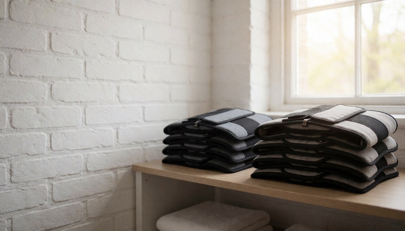 A clean wooden shelf holding stacks of white towels and massage supports in a bright, professional therapy room