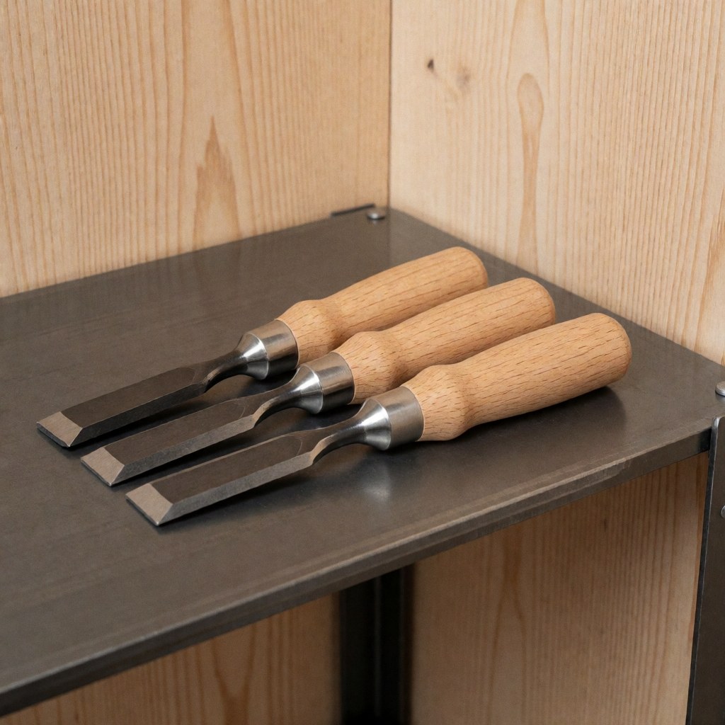 Three chisels with light wood handles and metal ferrules arranged neatly on a dark metal surface with a light wood background.
