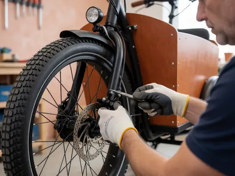 Detailed view of a mechanic adjusting the disc brakes on a cargo bicycle using hand tools in a workshop setting