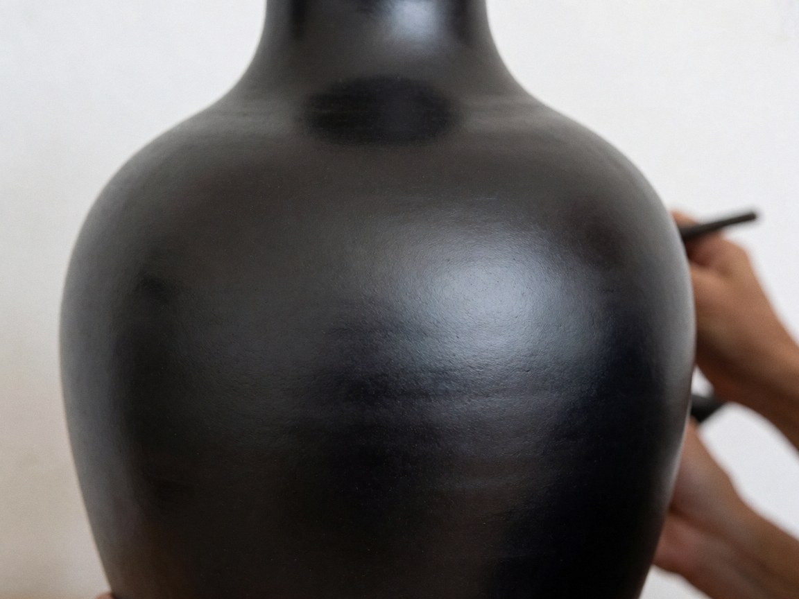 Close-up of hands polishing a black clay ceramic cup on a white background, highlighting the smooth texture and glossy finish of handmade pottery.