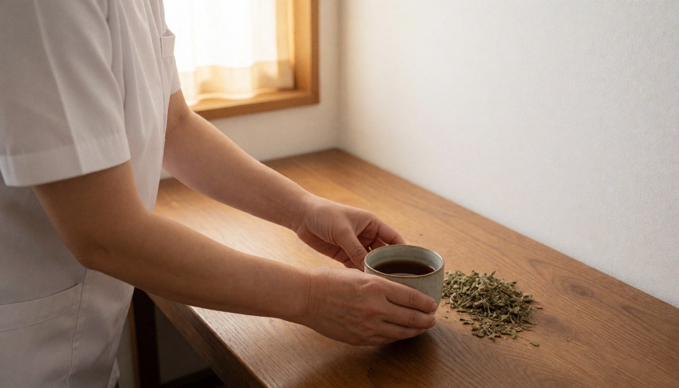 Acupuncturist in white uniform places herbal tea cup on wooden table with dried herbs in bright calm room