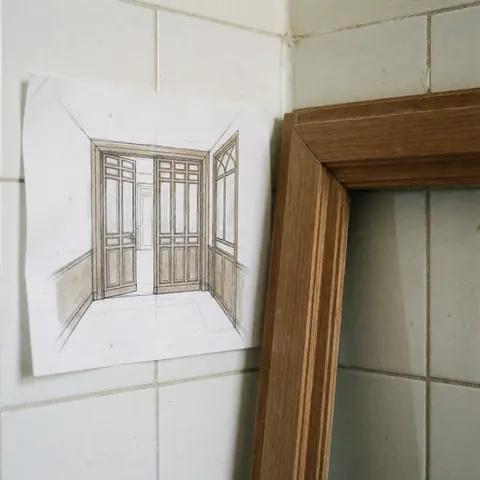 Architectural sketch of a door beside a restored wooden frame, both leaning against a white tiled wall, highlighting the contrast between design and finished work.