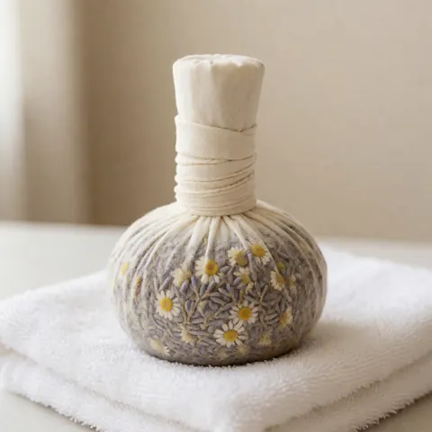 White cloth bags filled with dried lavender and chamomile flowers arranged on a clean surface for herbal massage and spa wellness treatments