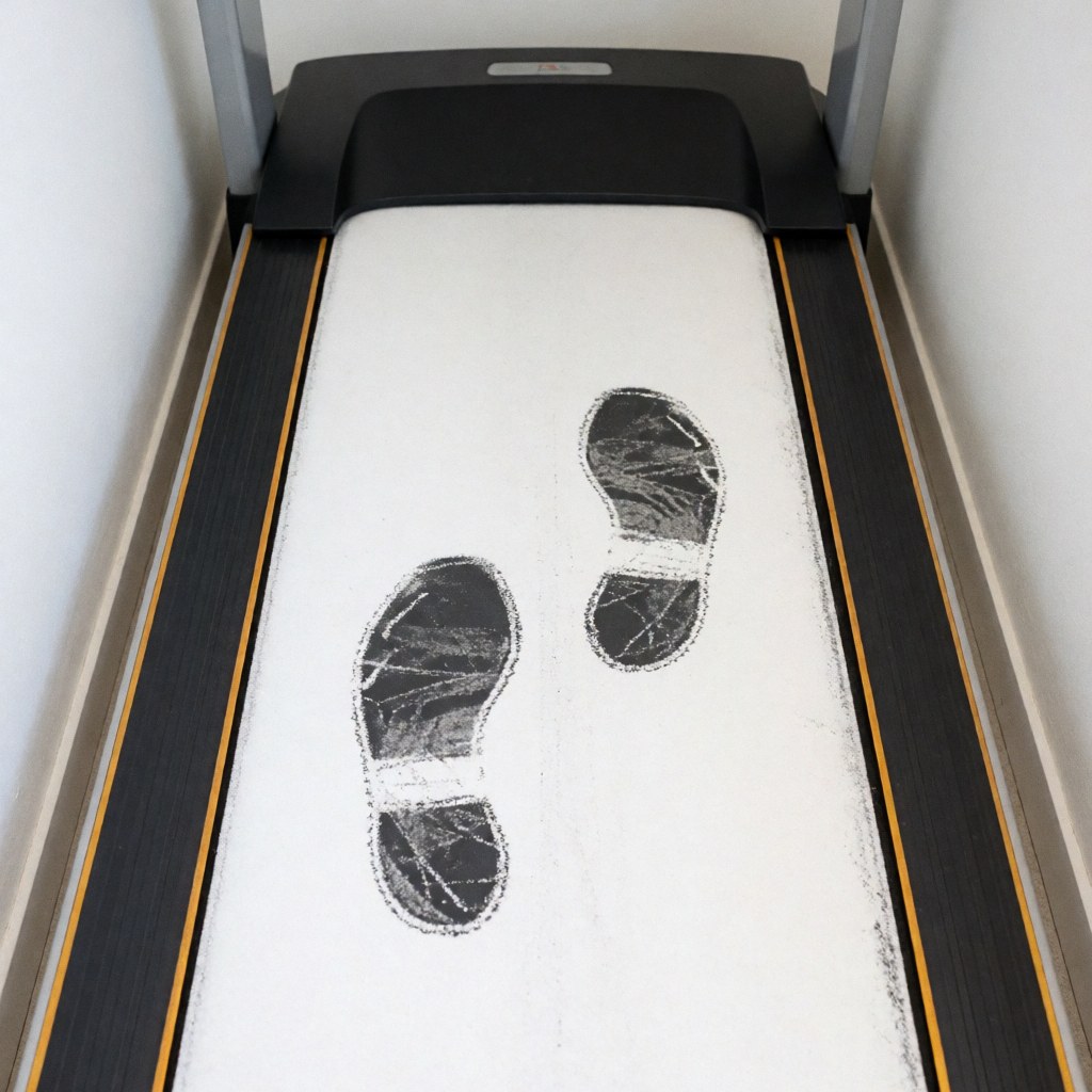 Chalk footprints on a treadmill surface showing gait analysis for advanced physical therapy and rehabilitation assessment
