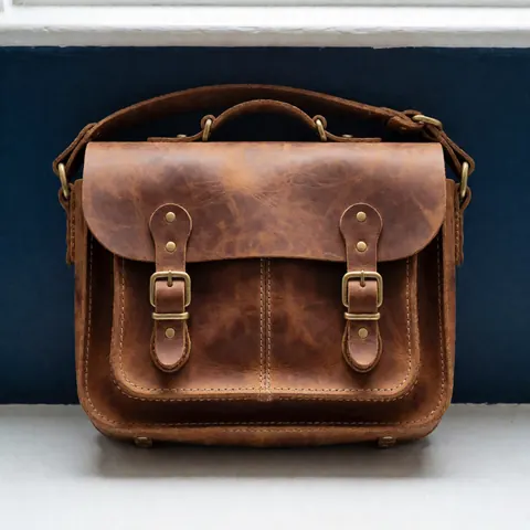 Top-down view of a sturdy brown leather bag featuring bronze metal hardware and visible stitching, suitable for travel or work.